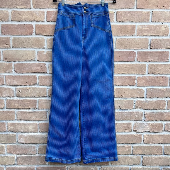 Revolve House Of Harlow Pinstriped High Waisted Wide Leg Jeans 6 - Picture 1 of 5